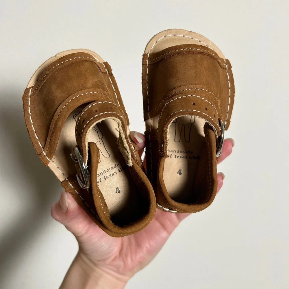 Bear Feet Brown Leather Handmade Sandals Baby Size 4 Made in USA Buckle Shoes